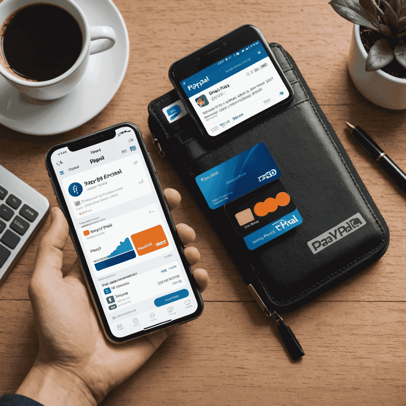 Verschiedene mobile Zahlungs-Apps auf einem Smartphone-Bildschirm, darunter PayPal, neben einer physischen Geldbörse, um den Übergang zu digitalen Zahlungen zu symbolisieren