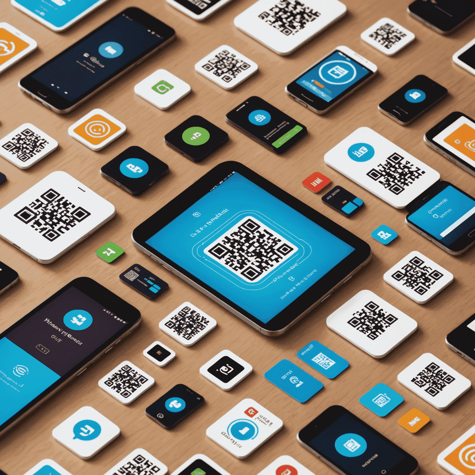 Verschiedene Smartphones zeigen mobile Zahlungs-Apps auf ihren Bildschirmen, umgeben von Symbolen für kontaktlose Zahlungen und QR-Codes